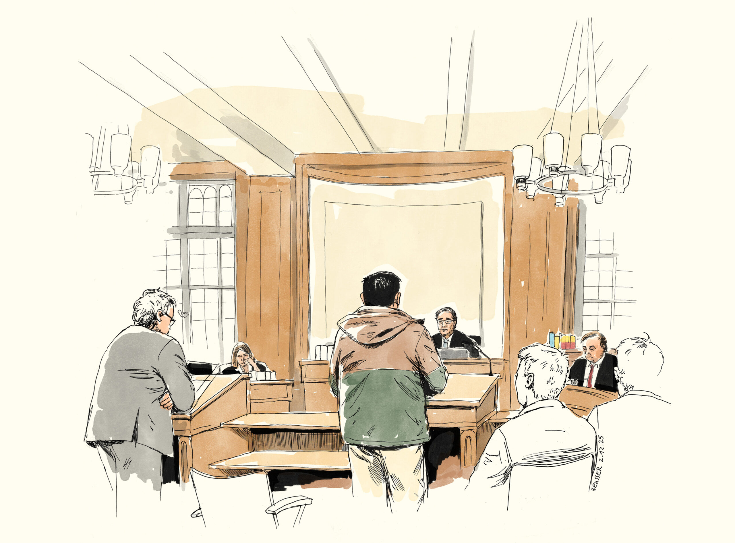 Staatsanwalt, Angeklagter, Verteidiger vor dem Richter