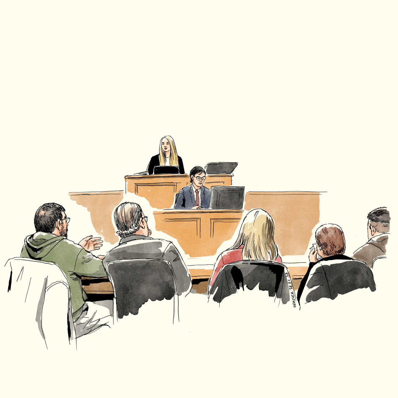 Der Angeklagte mit seinem Anwalt sowie die geschädigte Familie vor Gericht